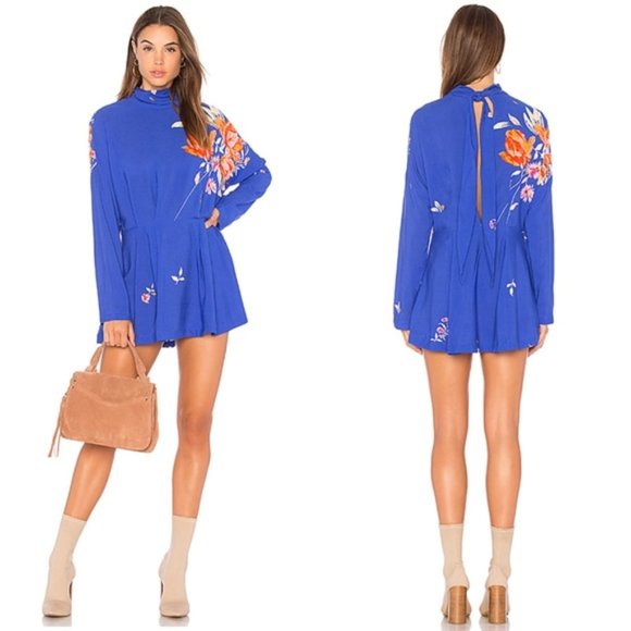 FREE PEOPLE Blue Floral Gemma Long Sleeve Tunic Mini Dress SMALL High Neck - Picture 1 of 7